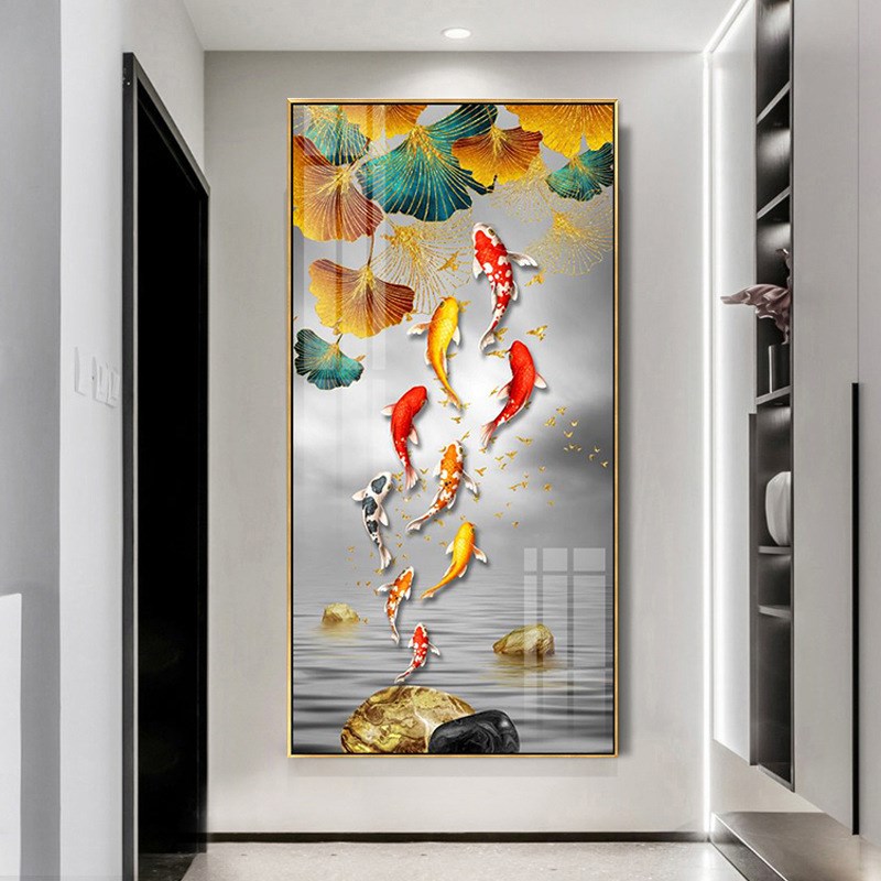 九鱼图轻奢过道玄关画 好风水走廊尽头高档挂画  客厅晶瓷装饰画图片