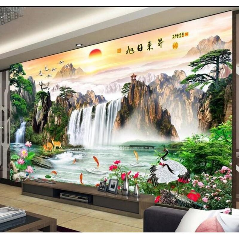 中式山水18d立体浮雕壁画客厅电视背景墙壁纸流水生财5d影视墙布