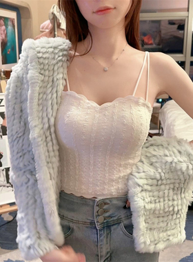 大码带胸垫辣妹外穿上衣女白色蕾丝内搭美背文胸一体小吊带背心夏