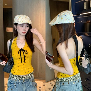 挂脖蝴蝶结波点带胸垫内搭吊带背心女美式甜辣设计感露背外穿上衣