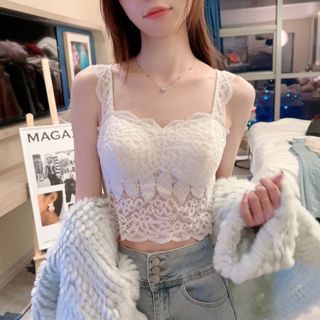 白色純欲小吊帶背心女帶胸墊內(nèi)搭外穿蕾絲美背打底短款無袖上衣夏