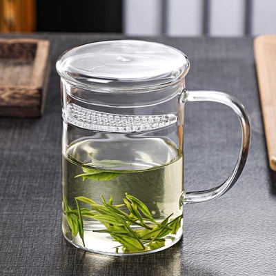 月牙杯玻璃水杯大容n量茶水分离过滤泡茶杯子带把办公室耐热绿茶