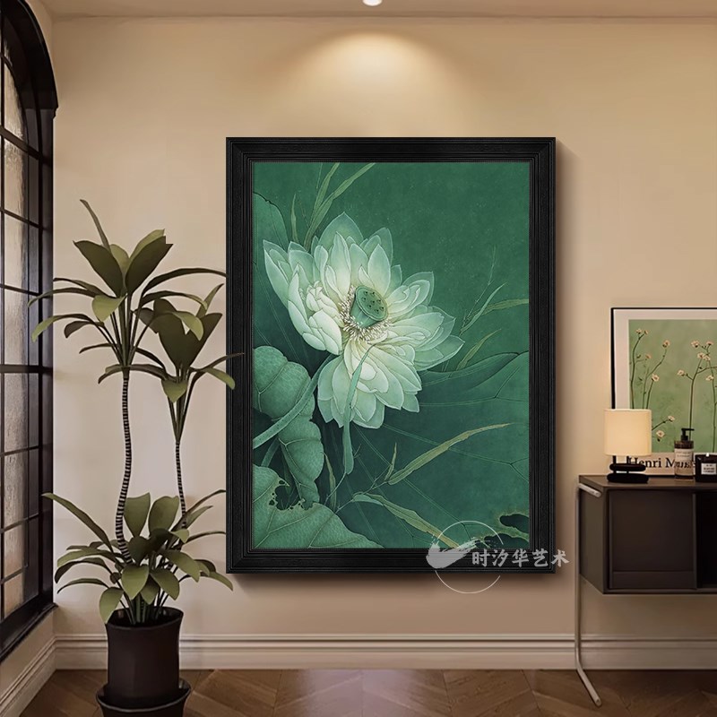 中古风玄关手绘油画白色荷花装饰画池塘莲蓬客厅书房宋代美学挂画图片