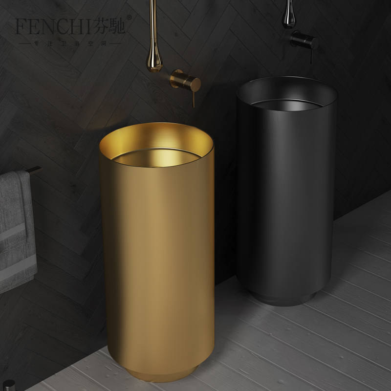北欧不锈钢落地式圆形盆金色防脚踢立F柱盆民宿酒店卫生间洗手台