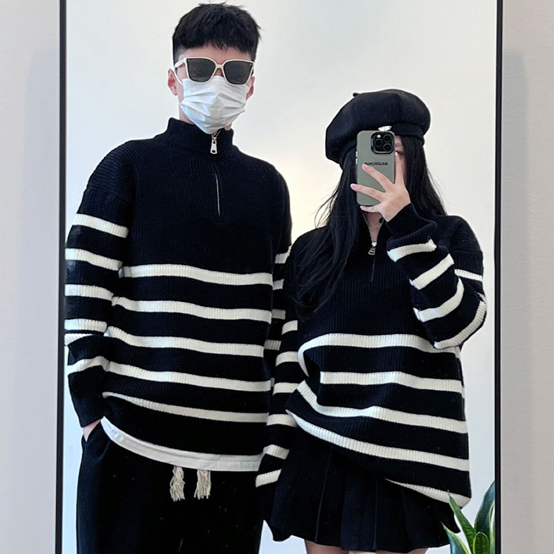 情侣装条纹毛衣秋冬季新款男士半拉链针织衫慵懒风学生宽松外套潮