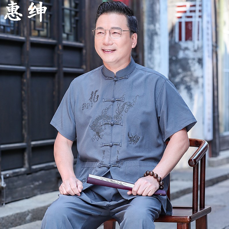 爷爷夏季唐装短袖套装男爸爸中式衬衫2025新款中国风中老年人上衣
