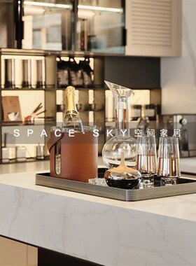 现代轻奢样板间客厅茶几饰品售楼处水吧台酒具套装皮革冰桶摆件