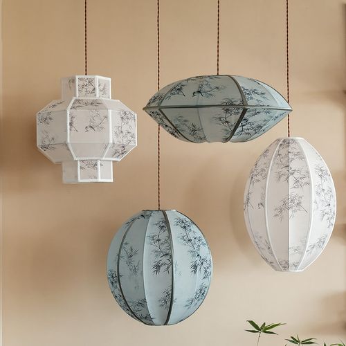 波记新中式吊灯复古饭店包间餐厅布艺灯笼仿古卧室书房茶室灯具