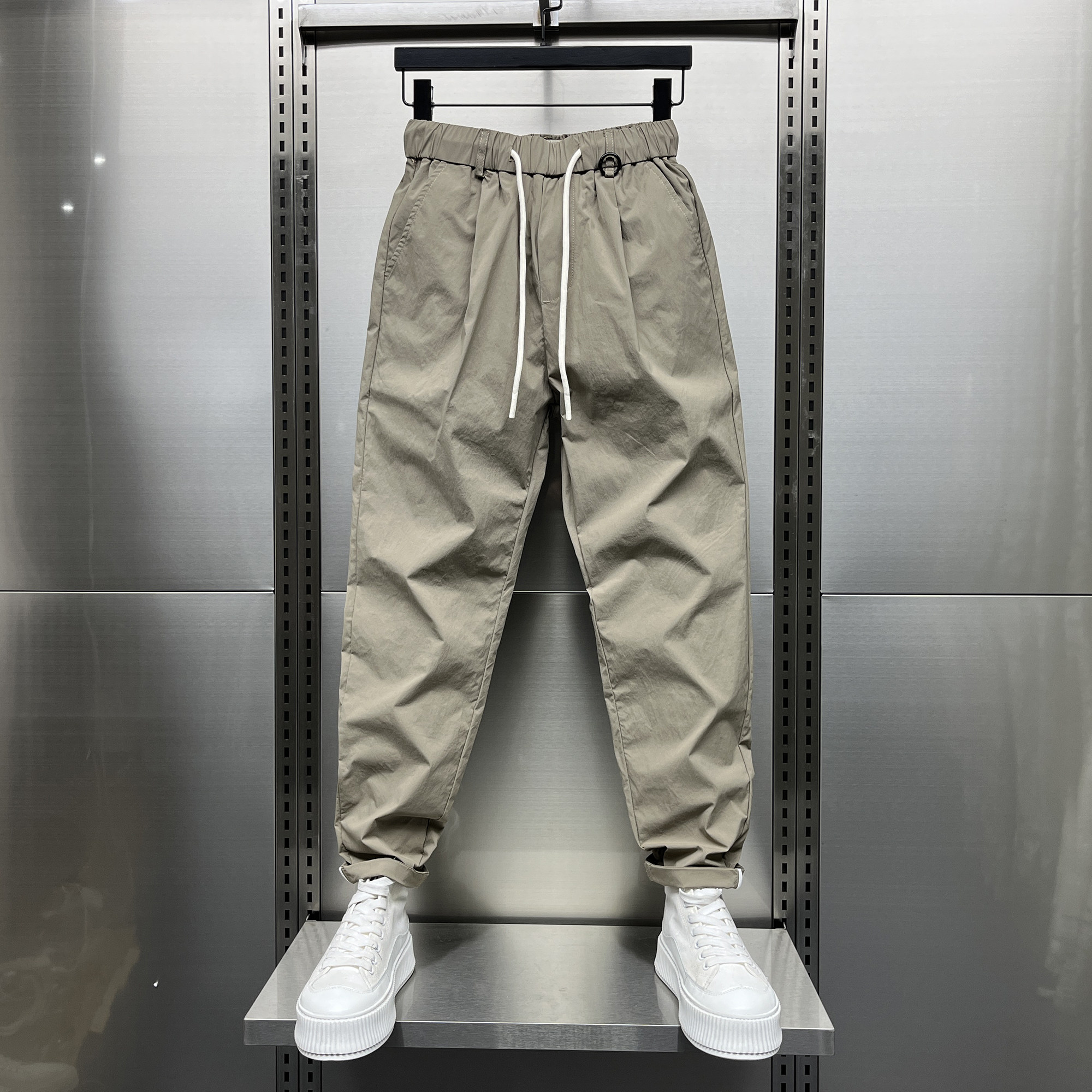 休闲裤男2024新款夏季薄款修身褶皱哈伦裤潮流百搭纯色九分运动裤