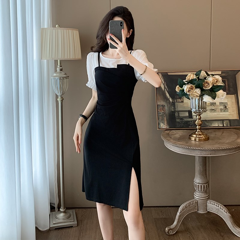 法式气质抽褶收腰显瘦连衣裙女夏季新款撞色拼接假两件短袖开叉裙