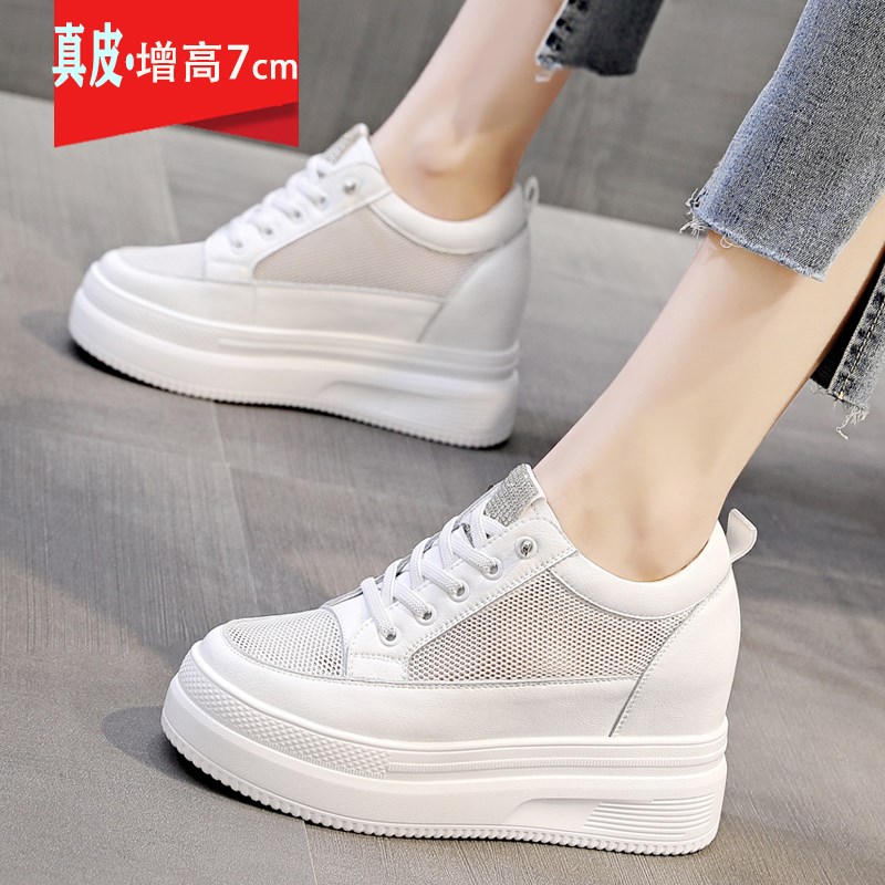 内增高女鞋真皮小白鞋女一脚蹬厚底坡跟单鞋学生网面休闲运动鞋子