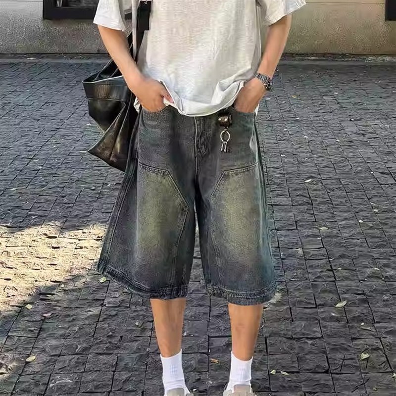 美式复古水洗做旧牛仔短裤男女夏季设计感百搭宽松情侣直筒五分裤