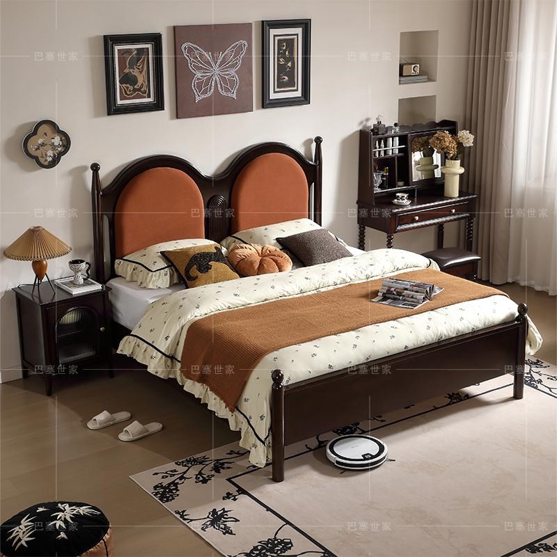美式实木床1米8双人床软包舒适中古风主卧大床法式复古布艺婚床