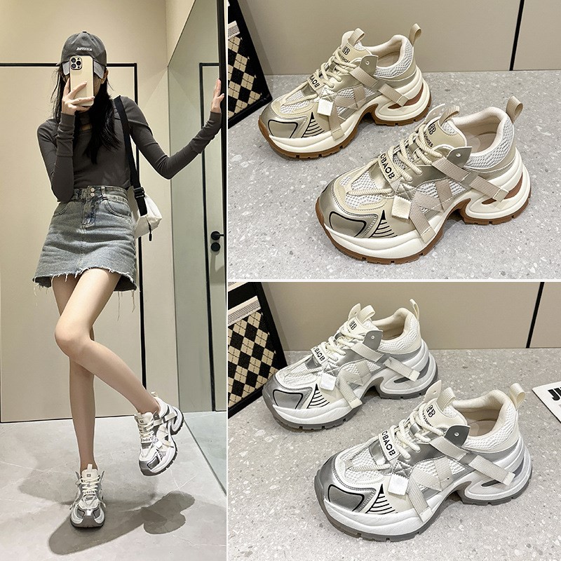 真皮厚底老爹鞋女9cm春新款小码时尚银色轻便百搭运动休闲松糕鞋