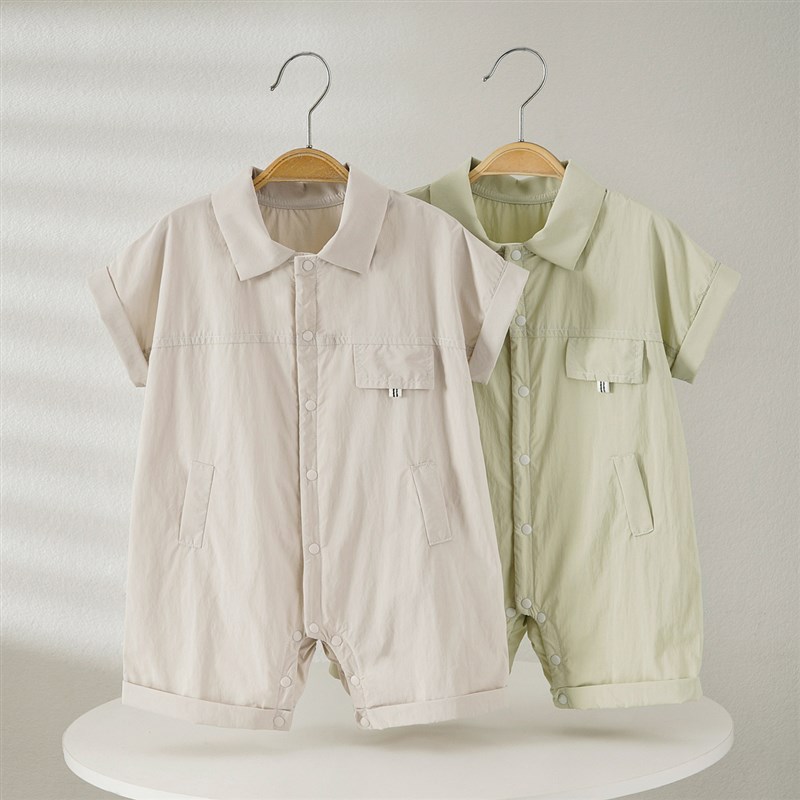 婴儿连体衣夏季薄款时尚抽绳短袖机车服0-1岁新生儿哈衣夏款爬服