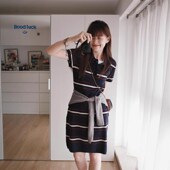 气质藏蓝色条纹针织夏季 新款 短袖 连衣裙女法式 无袖 学院风