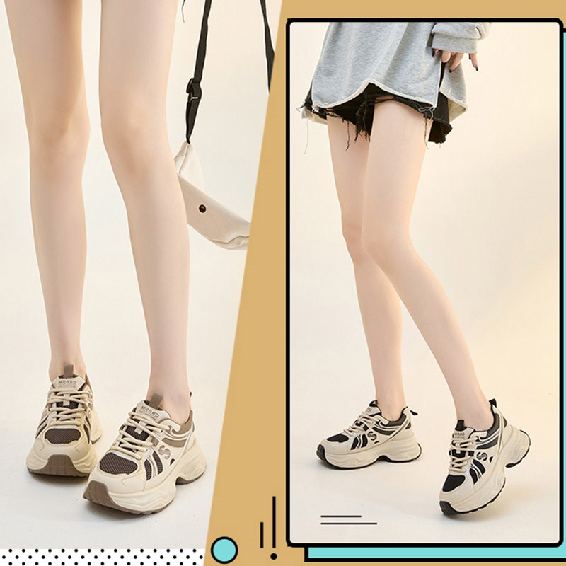 网面大码运动鞋女41一43厚底学生松糕鞋真皮显小休闲女鞋老爹鞋秋