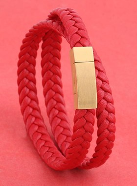 蛇年红色双层缠绕皮绳手链本命年转运红绳男女情侣款编织手绳简约