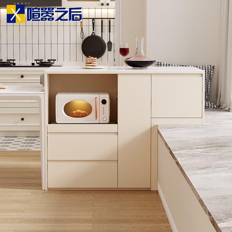 奶油风横厅飘窗岩板岛台开放式厨房中岛餐桌一体水吧餐边柜8E67