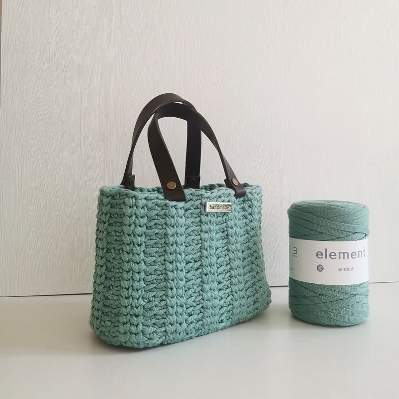 手工编织包diy材料包钩针自制扁带线真皮把手化妆包皮革底手提包