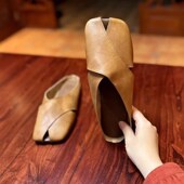 新中式 复古手工全真皮包头半拖鞋 女夏季 鱼嘴凉拖透气外穿平底皮拖