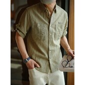 潮牌轻奢工装 韩版 翻领衬衣 男夏季 新款 垂坠肌理感提花暗纹短袖 衬衫