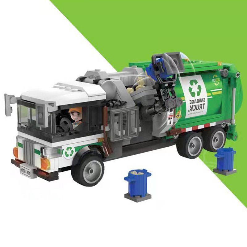 中国积木城市垃圾分类处理运输车环卫车清扫车积木拼装儿童玩具车