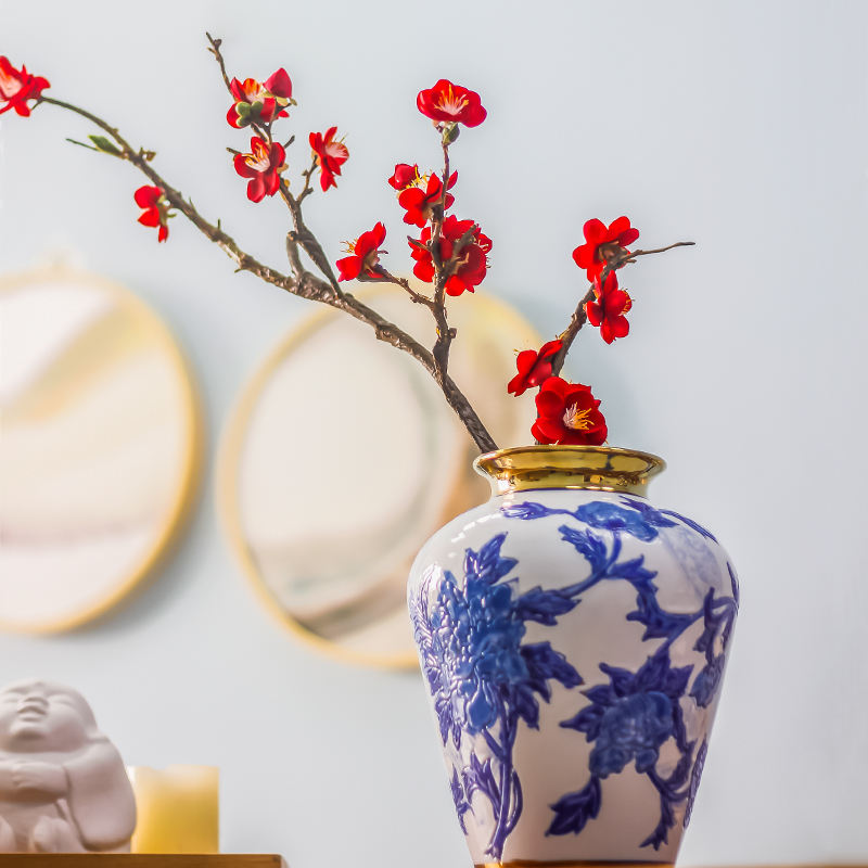 新中式手绘青花瓷花瓶陶瓷装饰摆件客厅电视柜玄关插花创意花器