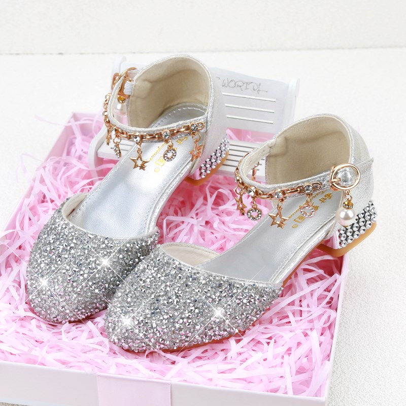 女童公主鞋2025新款舞台模特走秀演出皮鞋配礼服水晶儿童高跟鞋闪