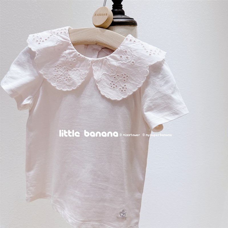 纯尾 韩国童装女童儿童夏款简约花边翻领短袖圆领套头粉色T恤全棉