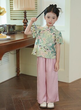 53828女童新中式国风套装短袖2025新款汉服古风周岁礼服两件套