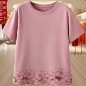 胖妈妈夏装 纯棉t恤衫 上衣宽松显瘦时尚 大码 镂空刺绣纯色短袖 T恤女