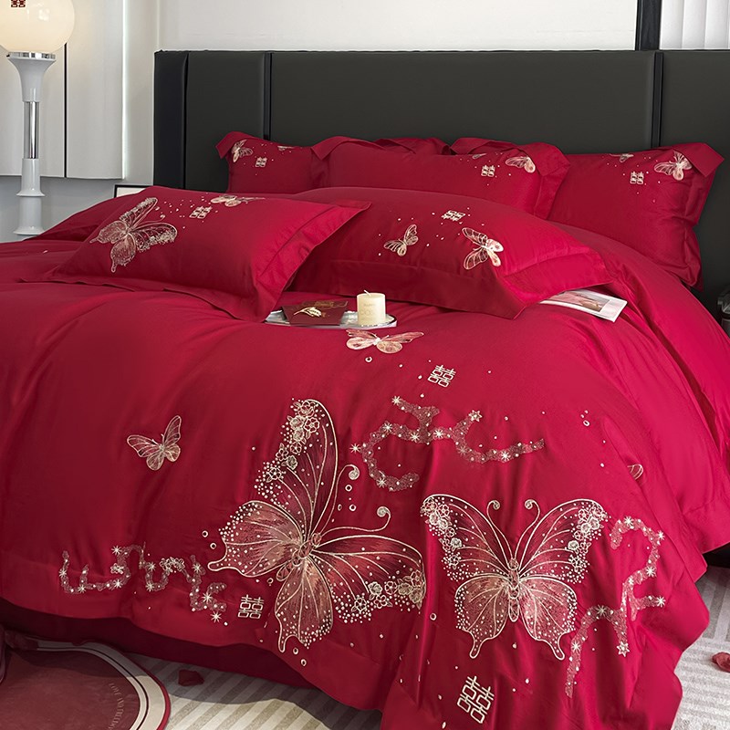 高级感A类刺绣婚庆四件套红色纯棉陪嫁被套床单喜被结婚床上用品4