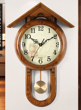 客厅实木摇摆挂钟家用中式复古装饰壁挂静音石英钟挂墙摆钟11622