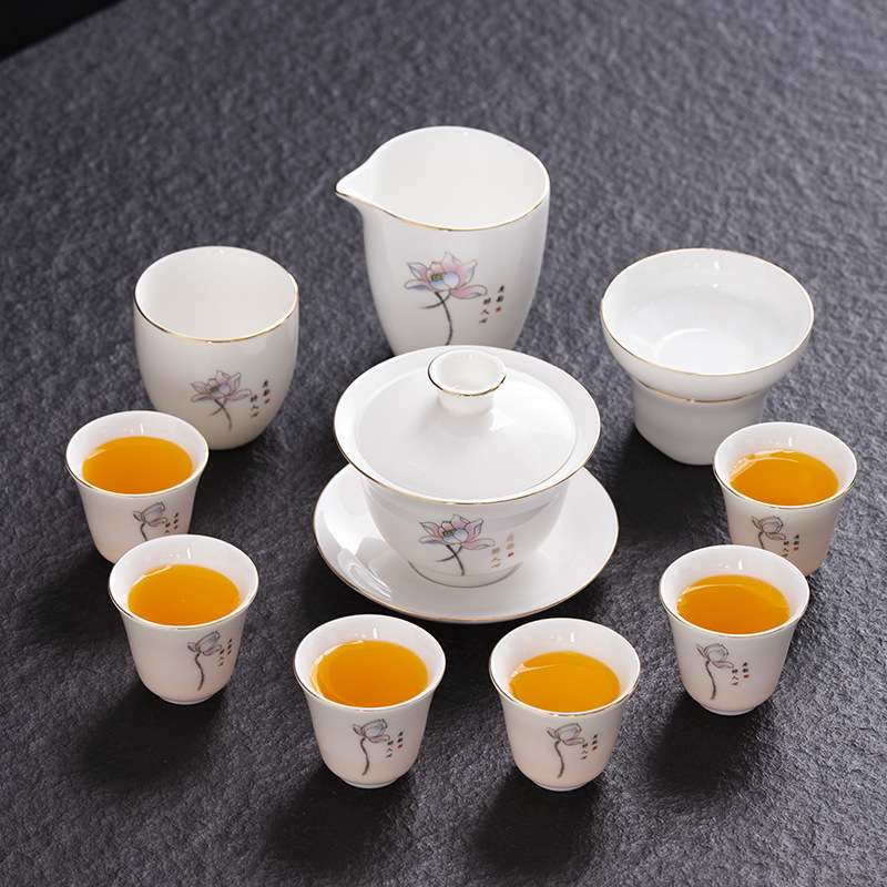 羊脂玉陶瓷茶具荷韵醉人心盖碗茶具11件套装