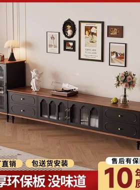 中古风电视柜茶几组合小户型客厅家用法式新款黑色实木复古储VSa