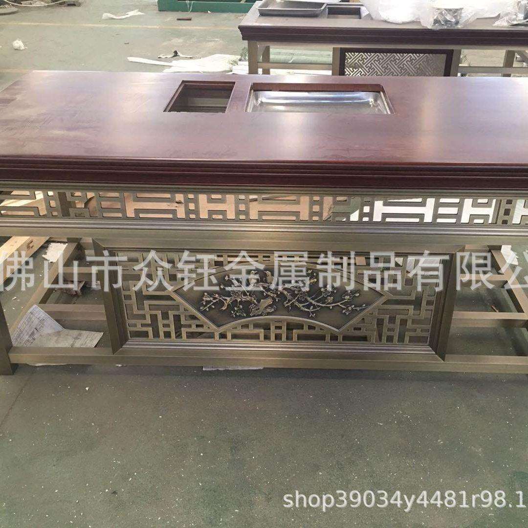 新款办公茶台不锈钢仿铜雕花复古茶桌创意大型家用304不锈钢茶几
