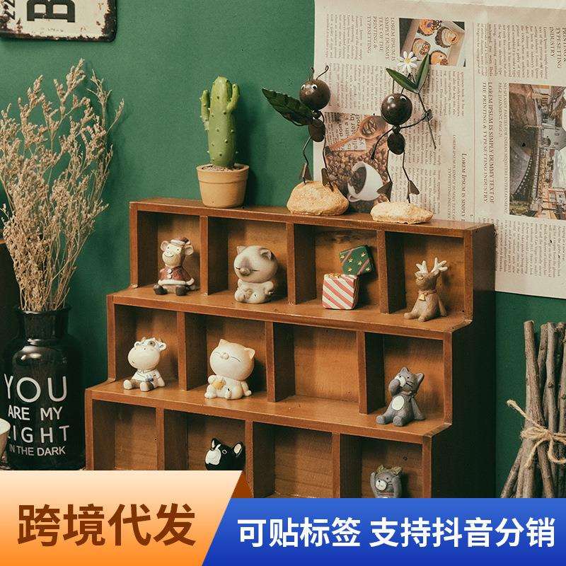 zakka梯形木质桌面收纳柜 阶梯12格9格壁挂展示柜家居杂物储物盒