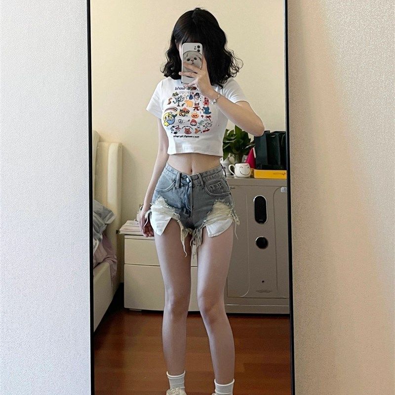 设计感破洞牛仔短裤女夏季薄款蓝色超短裤辣妹高腰显瘦a字热裤子