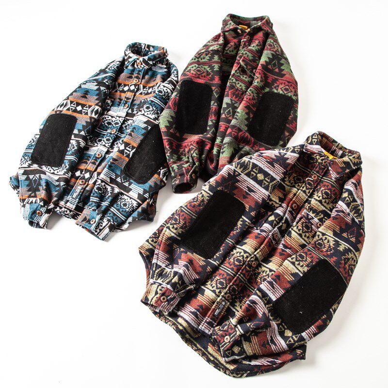 日式复古色织名族风印花硬挺翻领厚实毛呢长袖衬衫男宽松小外套