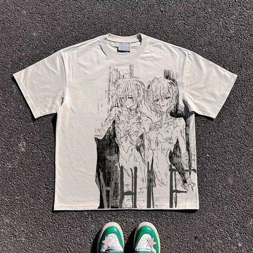 王有病工作室 10年老店!透气!怀旧老动漫线稿重磅落肩短袖T恤