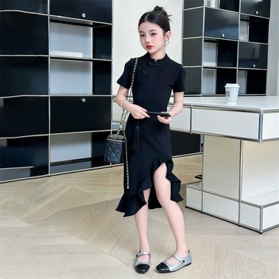 女童复古改良款2025新款设计感立领荷叶边开叉短袖长款旗袍连衣裙