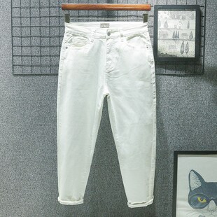 男休闲直筒哈伦老爹弹力裤 纯棉宽松牛仔裤 子潮 薄款 白色夏季