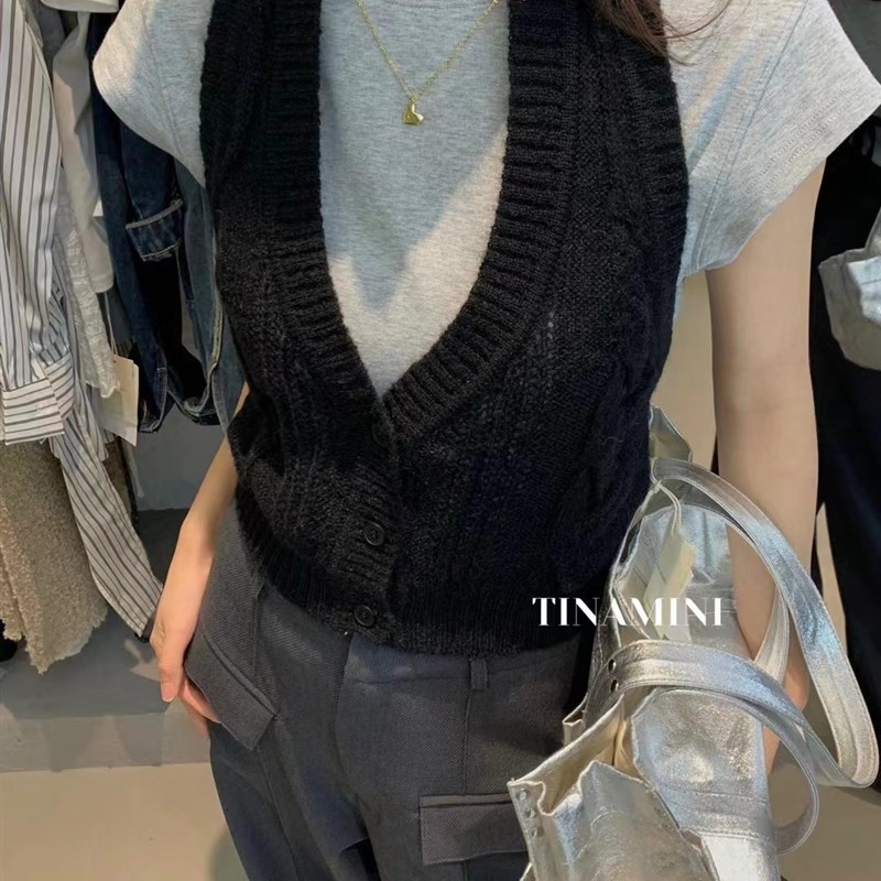 8608拼色复古韩版无袖纯色v领百搭气质网红针织两件套套装