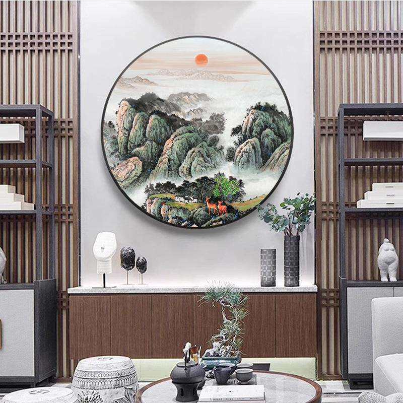 泰山日出图日出东方招财风水进门玄关画圆形有山无水靠山图挂画