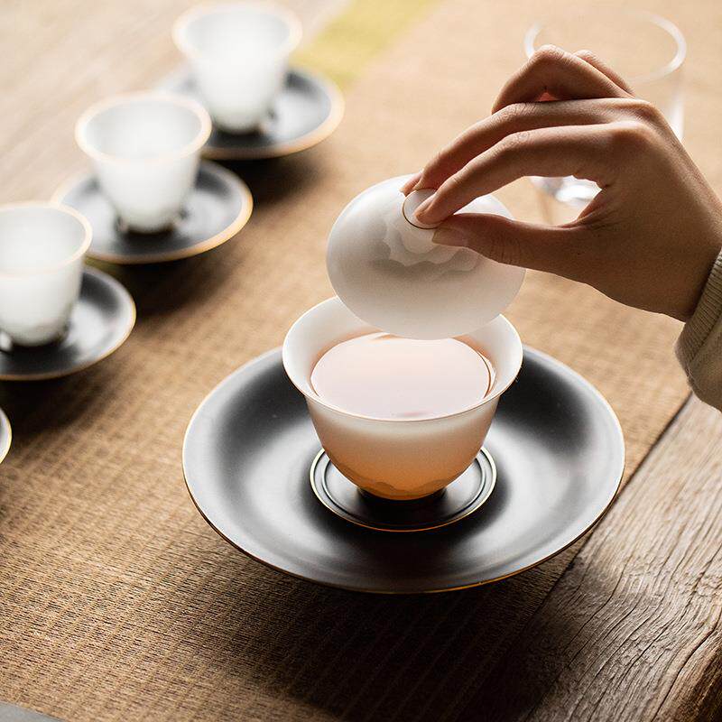 山鼎冰种水墨玉瓷盖碗茶具套装家用泡茶碗陶瓷整套送礼茶杯高档装