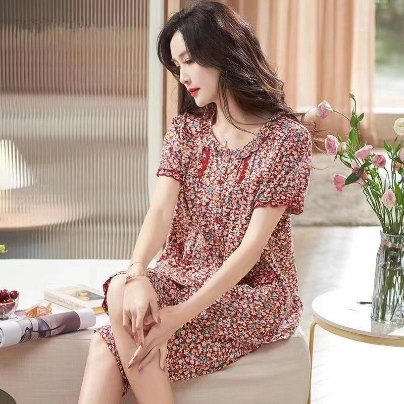 100%纯棉睡衣女士夏季薄款短袖七分裤套装中年妈妈睡衣气质家居服