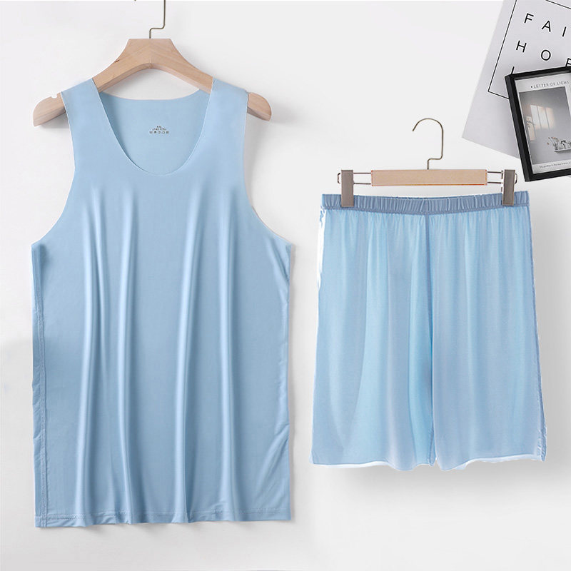 男士圆领冰丝无痕背心套装夏季清凉休闲家居服薄款睡衣5分裤2件套