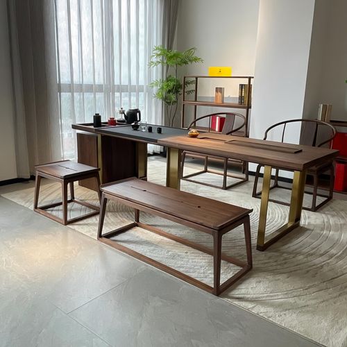 新中式实木茶桌长方形高端黑胡桃木茶台家用办公室干泡茶桌