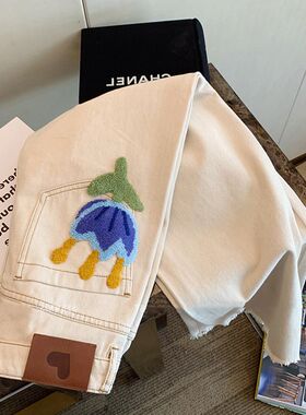 女童花朵刺绣白色阔腿牛仔裤春秋2024新款小众高腰直筒裤子小个子
